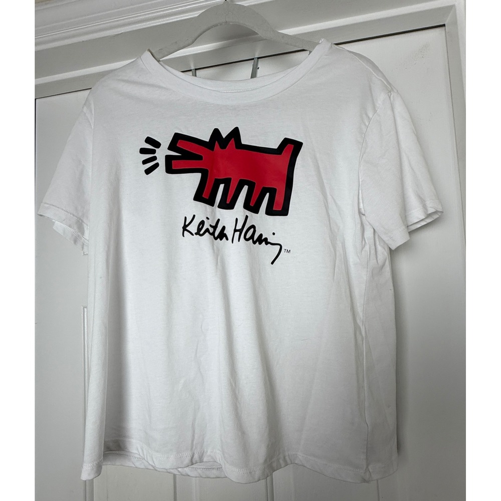 Keith Haring T-Shirt Size M White Red Barking Dog Graphic Art Tee